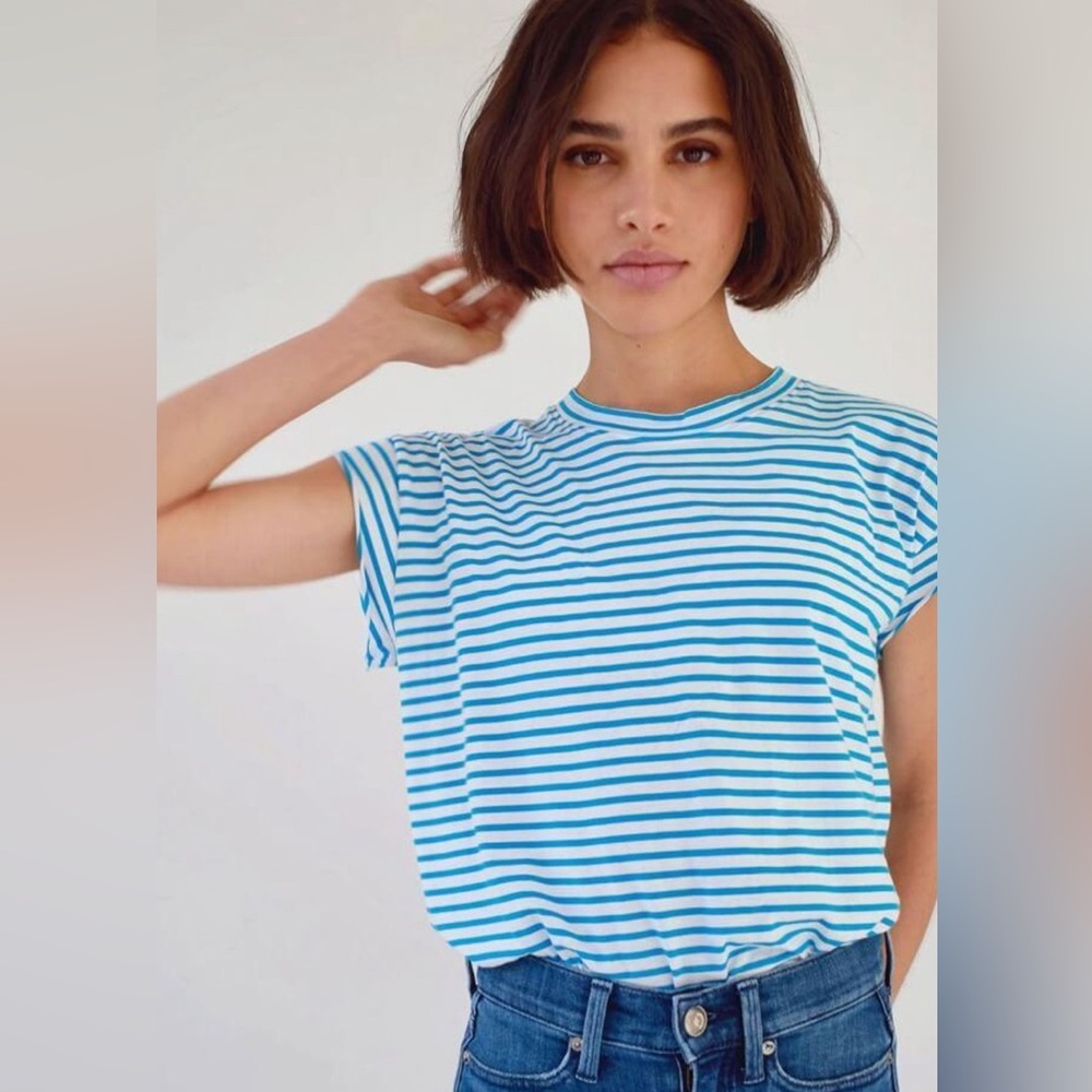 AYR The Supercool Tee, Blue and White Stripes, Size S
